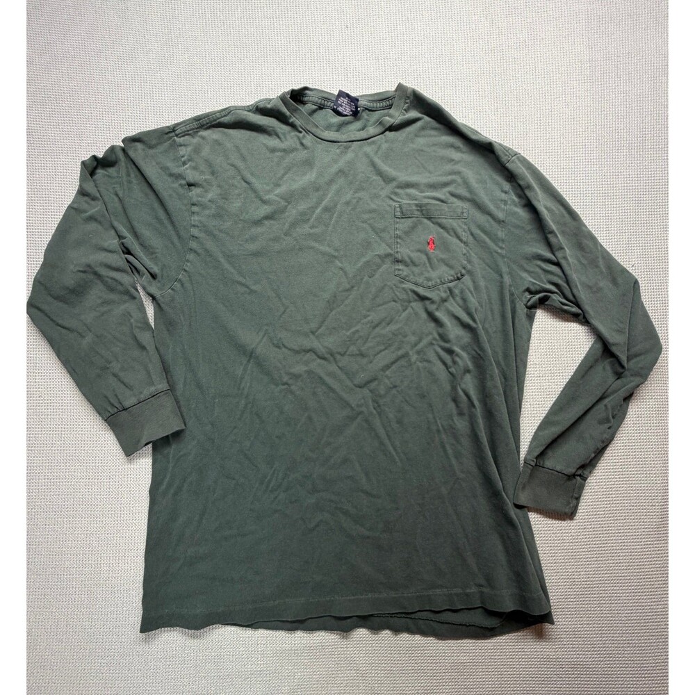 Vintage Polo Ralph Lauren Long Sleeve Pocket T Shirt Olive Green 100% Cotton 90s